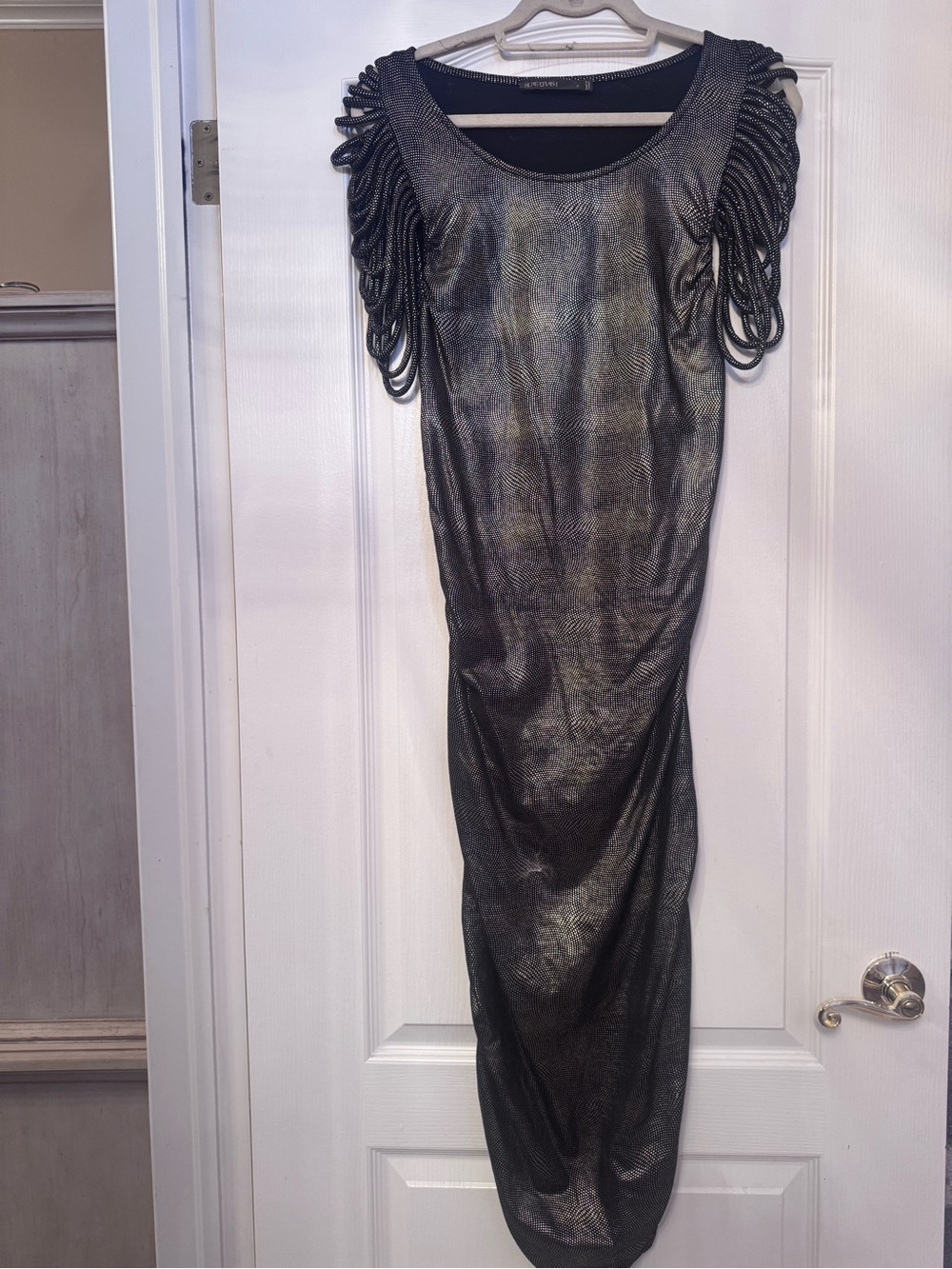Supertrash Black and Gold Midi Dress with Detailed Sleeves